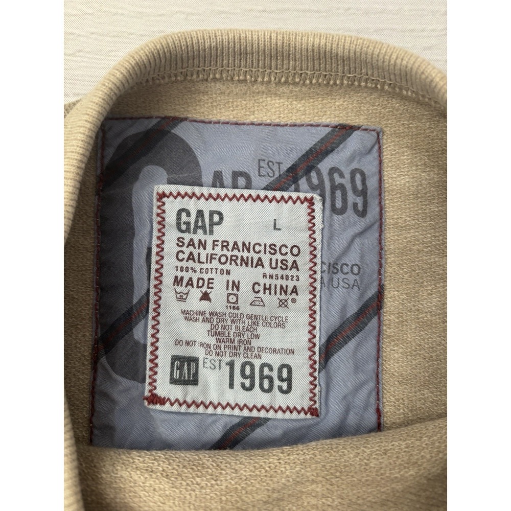 Vintage Gap Sweatshirt‎ Mens Large Tan  Pullover Crewneck Khaki Stripe Raw Edge - Picture 2 of 7